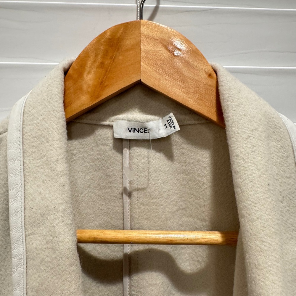Vince Drape Front Wool Jacket Lamb Leather Sleeves XS Neutral Coat Minimalist‎ - Picture 4 of 8